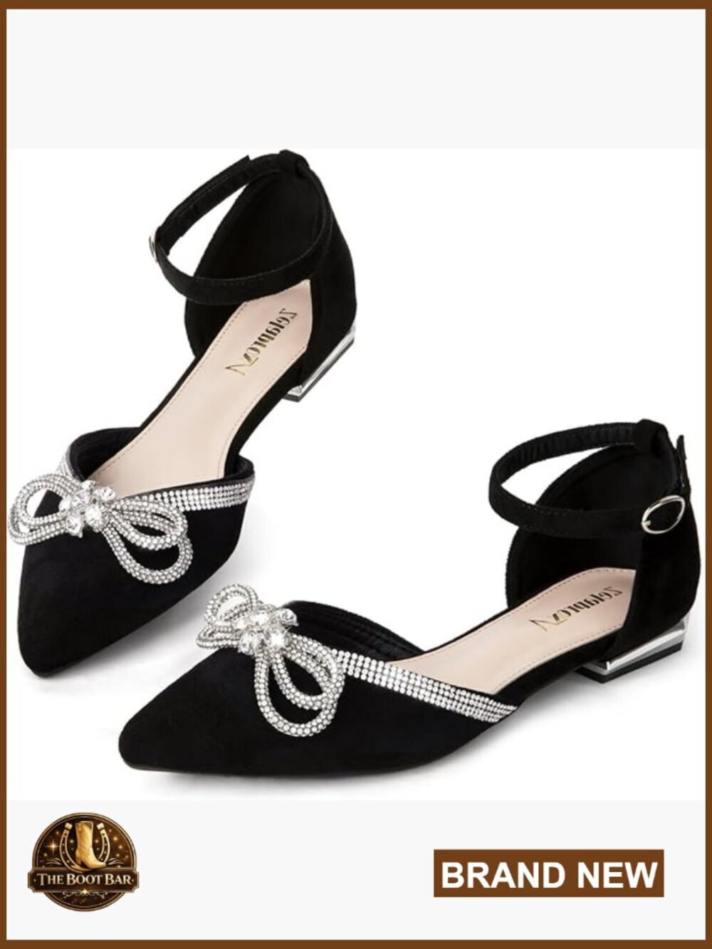 Pointed Toe Ballet Flats with Rhinestone Bow Ankle Strap Slip On Lightweight
